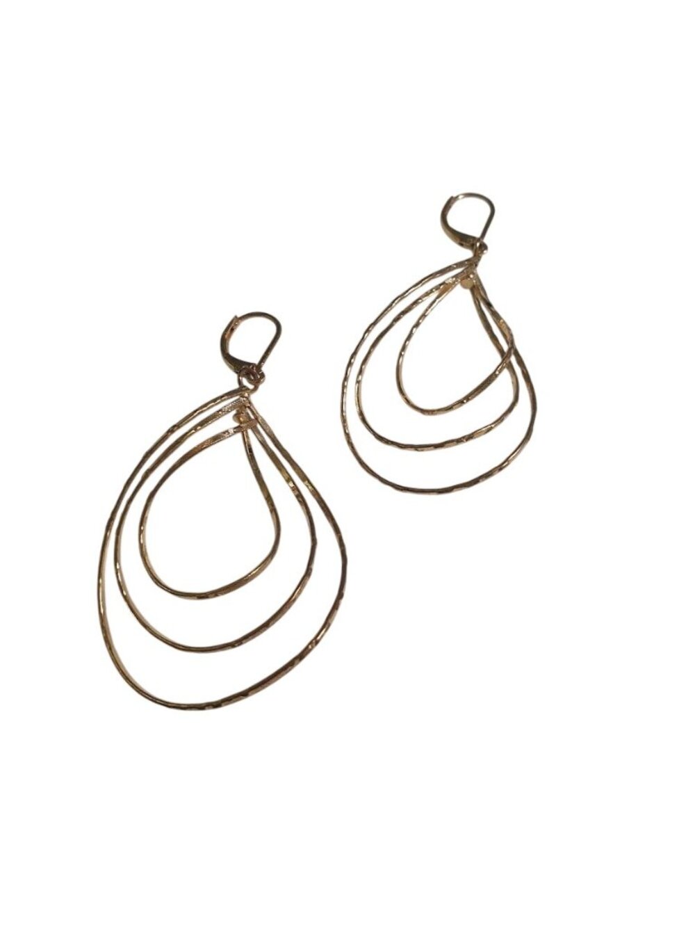 Gold Tone Hammered Hoop Dangle Earrings Teardrop Layers Lightweight Lever Back